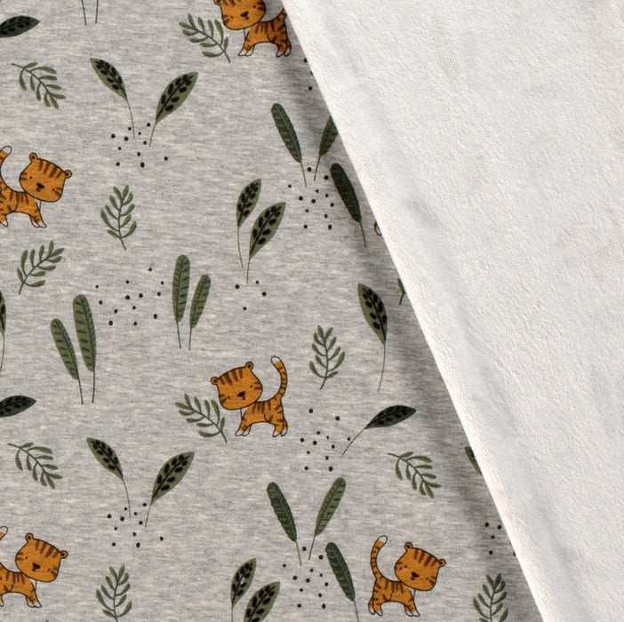 Alpen Fleece Stoff bedruckt mit Katzen Motive in der Farbe mittelgrau