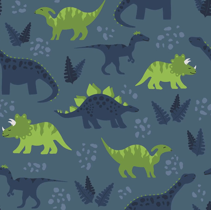 Baumwolljersey bedruckt mit Dinosauriern stahlblau