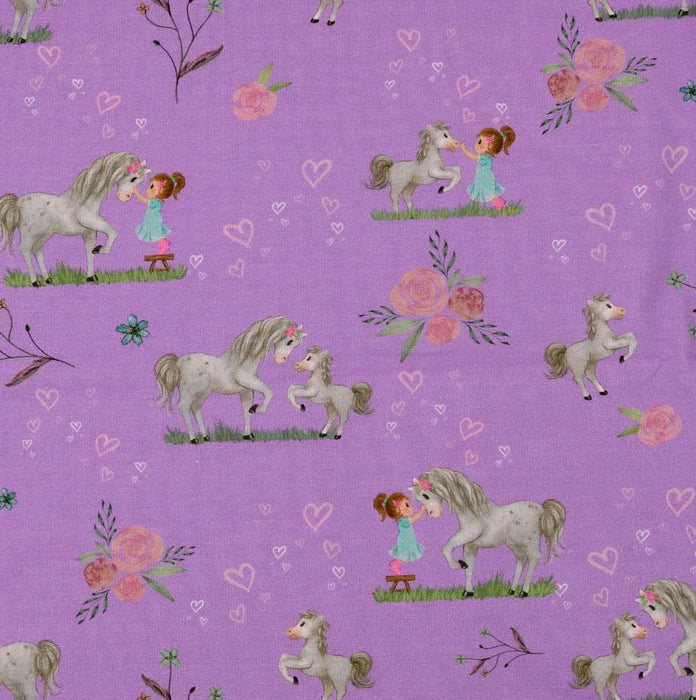 pferde-mit-maedchen-baumwolljersey-lila-stoff-stoffpilz
