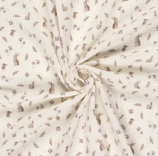 Musselin Stoff digital bedruckt Kaninchen weiss —