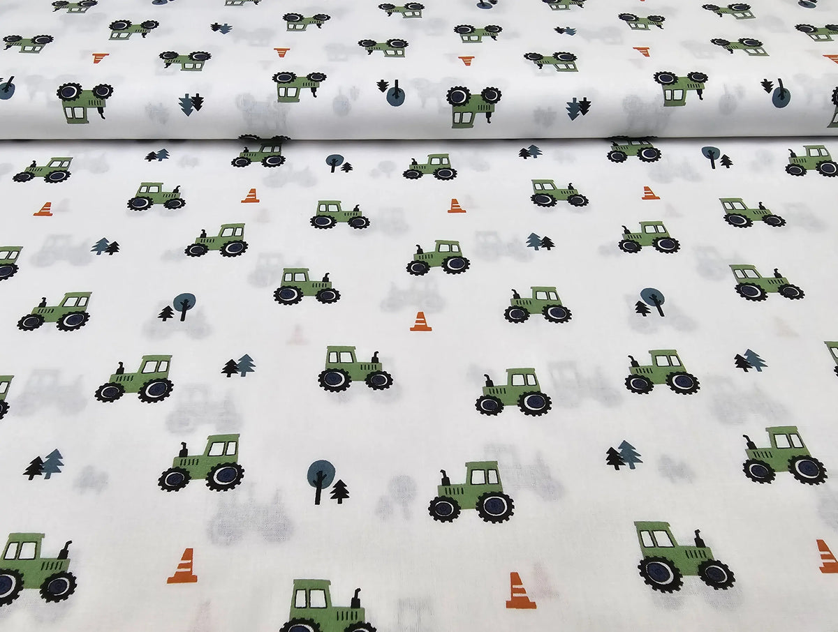 Baumwollstoff Popeline Traktor weiss —