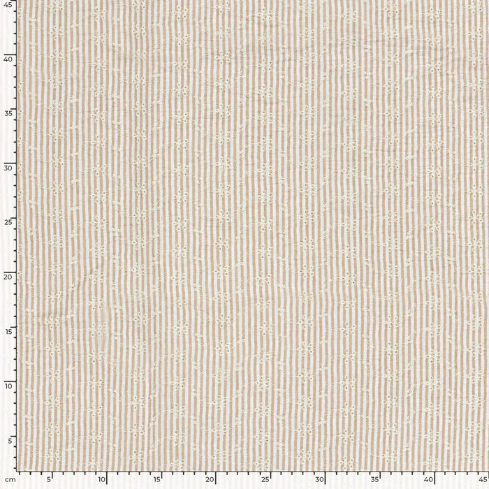 Baumwollstoff Streifen mit Lochstickerei beige
