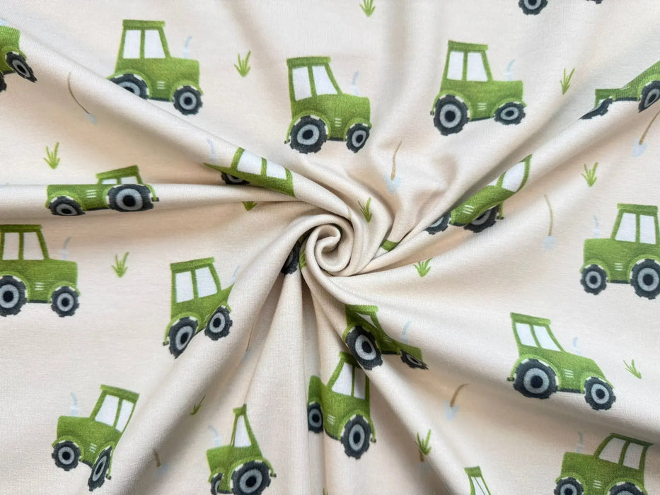 hilco-baumwoll-baumwolle-jersey-baumwolljersey-traktor-traktoren-grün-beige-stoff-stoffe-stoffpilz-stoffgeschaeft